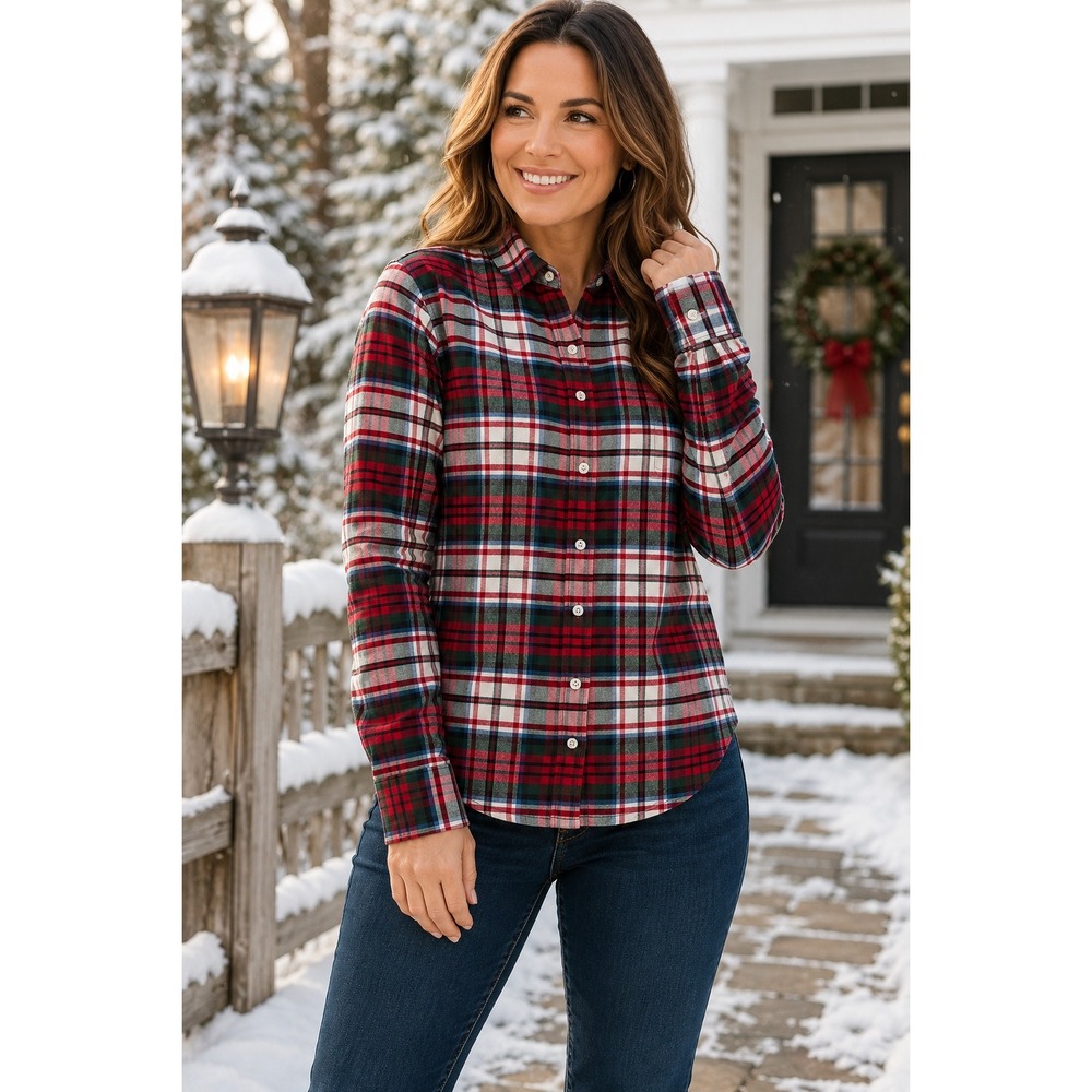 Lands End Womens 18 Red Green White Plaid Flannel Button Down Shirt Long Sleeve